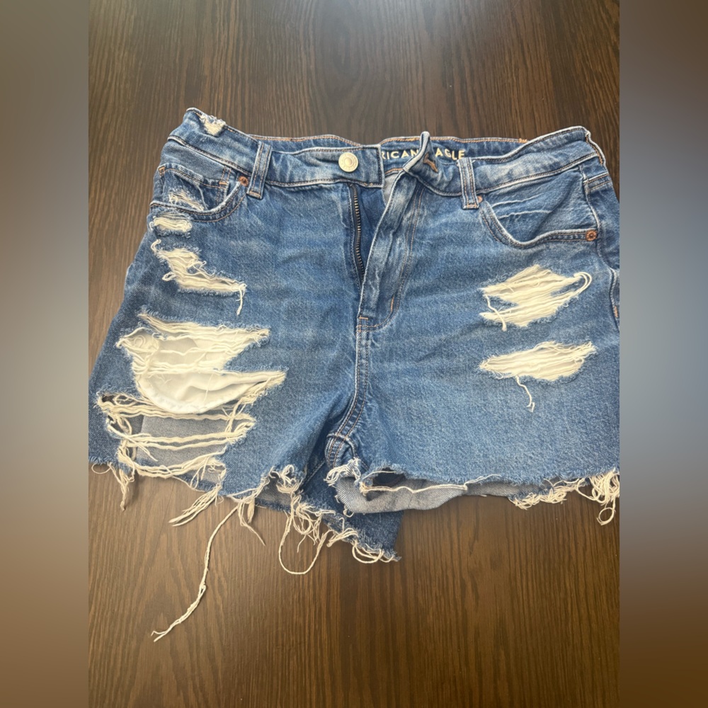 American Eagle High-Rise Distressed Blue Denim Shorts